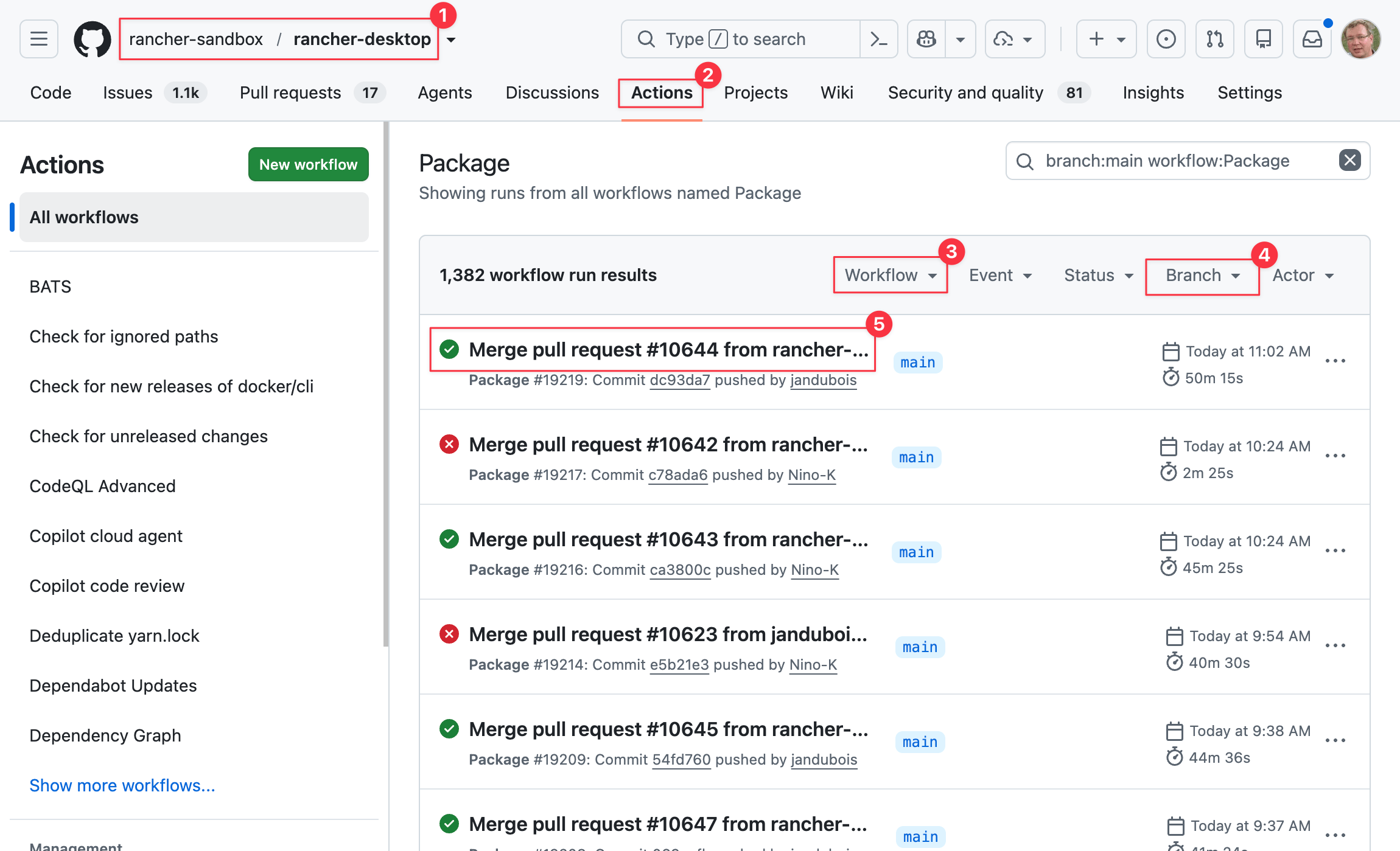 The GitHub Actions tab, filtered to the Package workflow on the main branch, with the newest successful run at the top of the list.