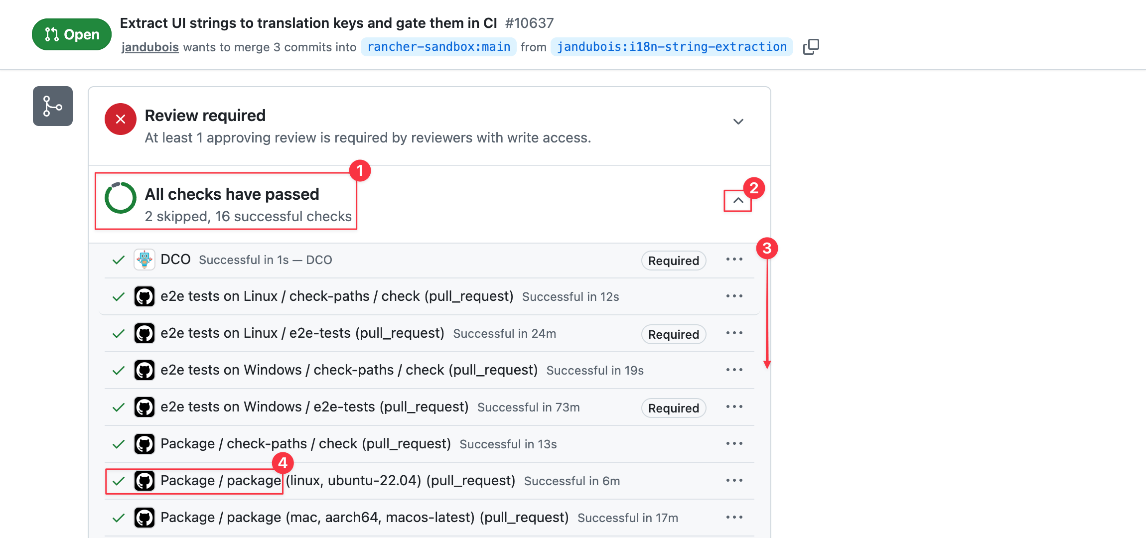 An open pull request with its checks expanded, showing a green Package / package check for each platform.