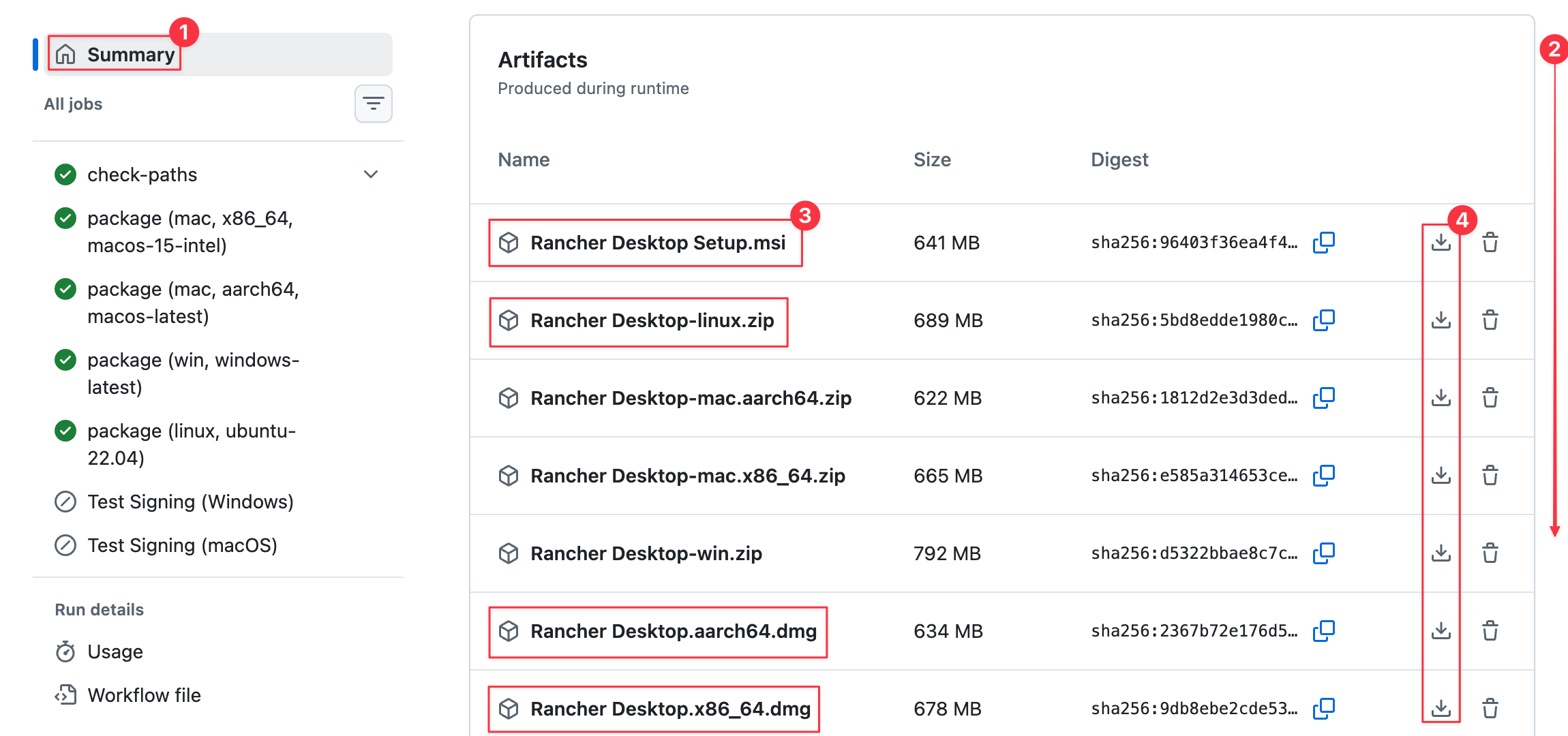 A workflow run Summary page with the Artifacts list, showing the installer, disk image, and zip downloads for each platform.