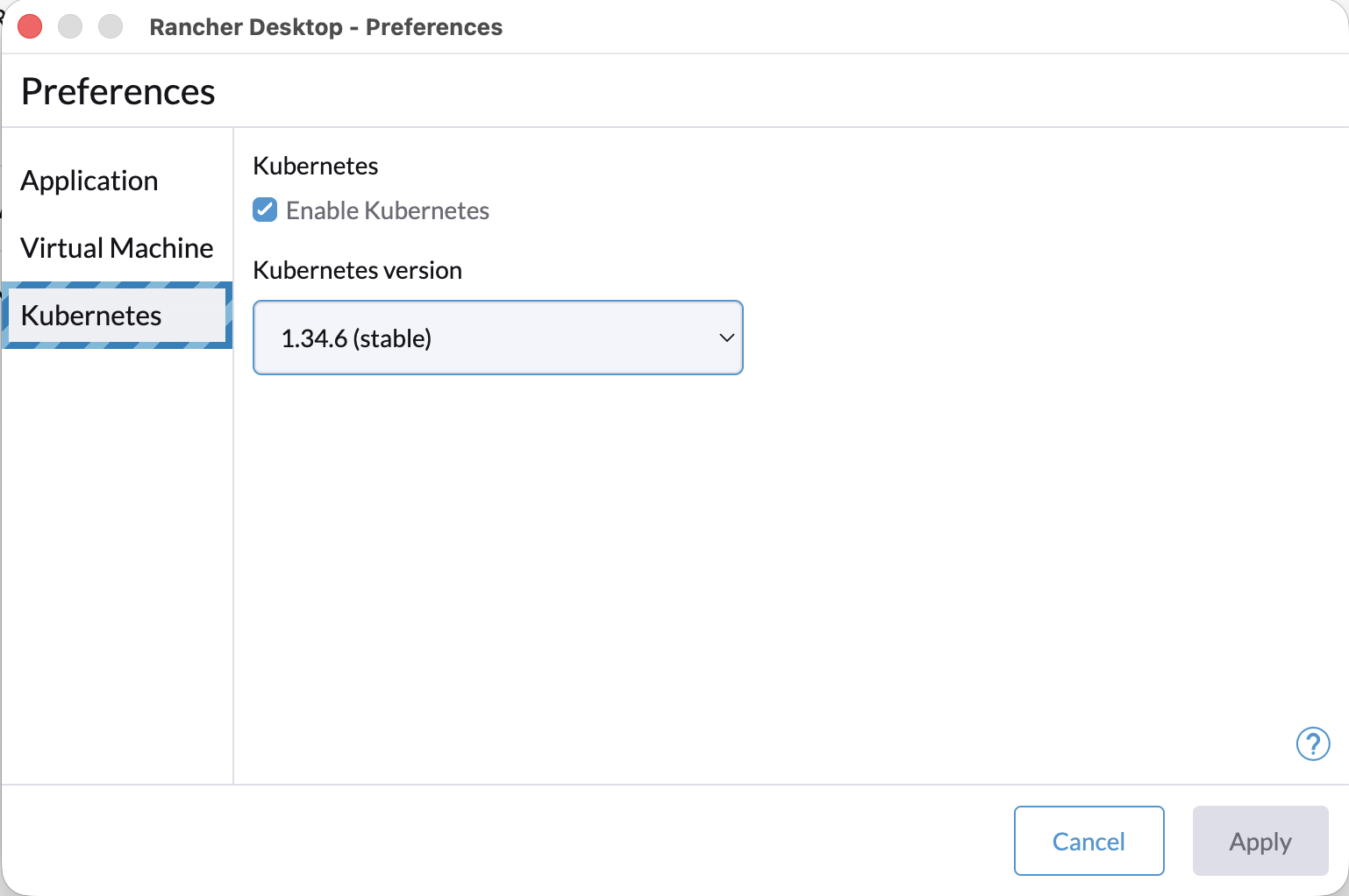 The Rancher Desktop 2.0 Preferences dialog on the Kubernetes tab, showing the Enable Kubernetes checkbox and the Kubernetes version dropdown. Diagonal stripes ring the selected tab.
